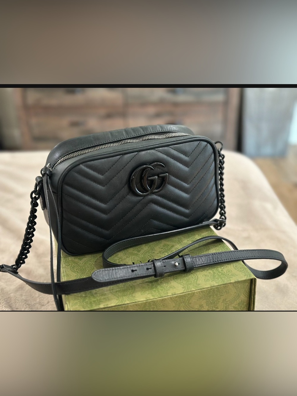 Gucci Black Chevron Quilted Leather Crossbody Camera Bag